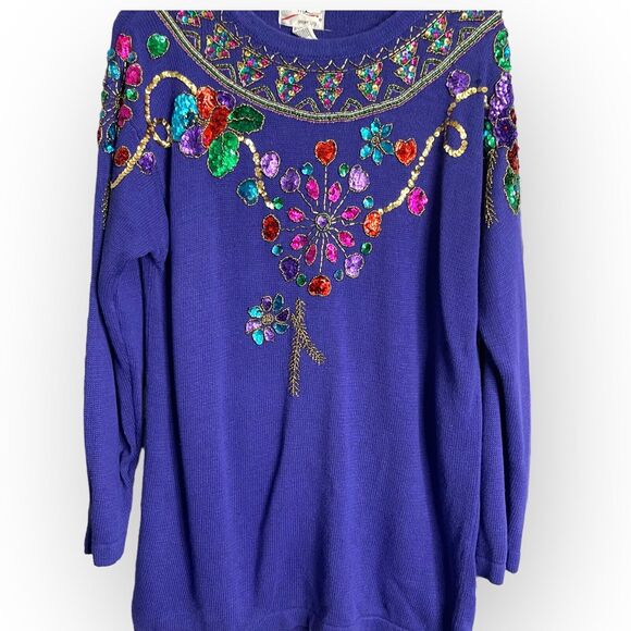 Vintage SML Sport LTD Tunic Sweater Women's Medium Purple Sequin Beaded Glam 80s - Picture 5 of 12